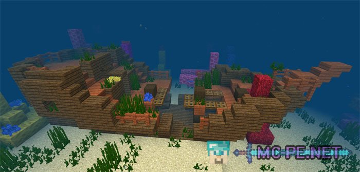 A sunken ship surrounded by coral near spawn